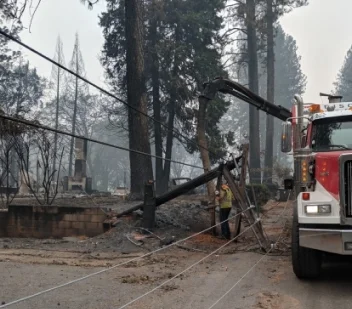 A vacuum truck clearing storm debris beside a downed utility line